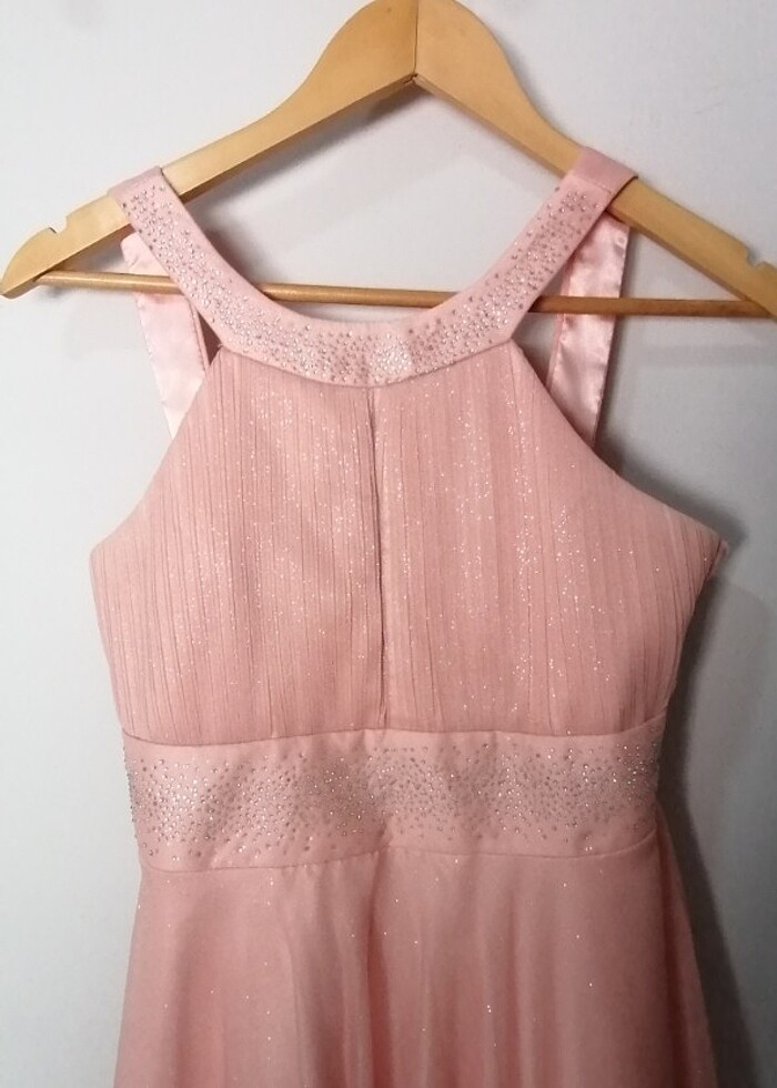 Somon Rengi Abiye Elbise Şifon Simli - Görsel 3