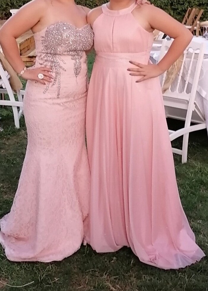 Somon Rengi Abiye Elbise Şifon Simli - Görsel 4