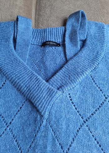 V Yaka mavi Örgü Kadın Kazak - Görsel 3