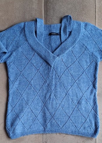 V Yaka mavi Örgü Kadın Kazak - Görsel 2