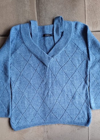 V Yaka mavi Örgü Kadın Kazak - Görsel 4