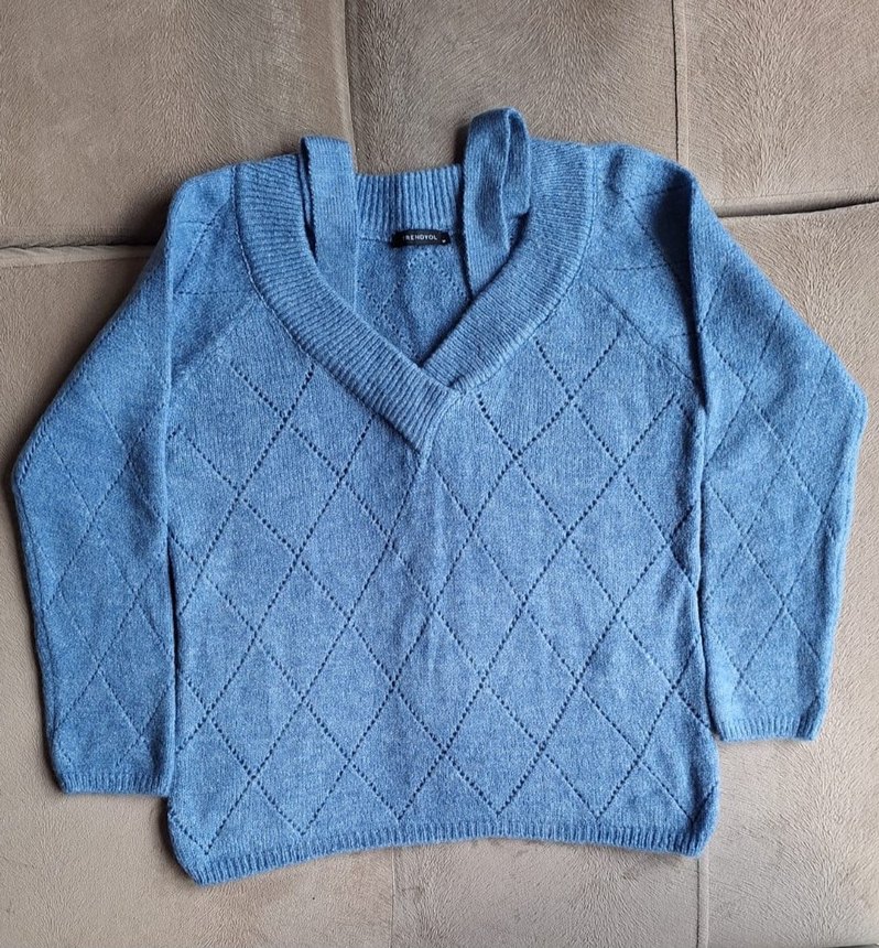 V Yaka mavi Örgü Kadın Kazak - Görsel 4