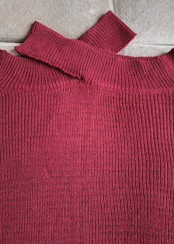 Bordo Kadın simli çapraz yaka açık omuz detaylı Triko Kazak - Görsel 7