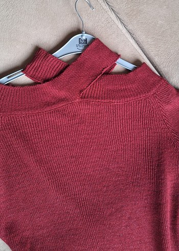 Bordo Kadın simli çapraz yaka açık omuz detaylı Triko Kazak - Görsel 3