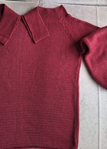 Bordo Kadın simli çapraz yaka açık omuz detaylı Triko Kazak - Görsel 2