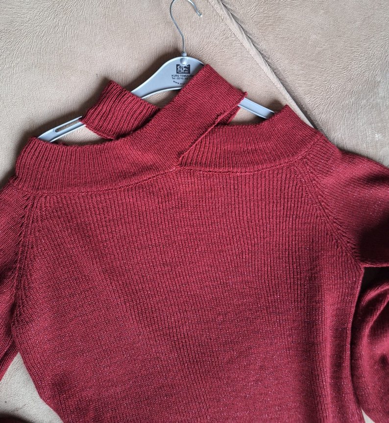 Bordo Kadın simli çapraz yaka açık omuz detaylı Triko Kazak - Görsel 3