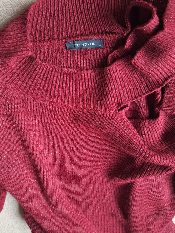 Bordo Kadın simli çapraz yaka açık omuz detaylı Triko Kazak - Görsel 4