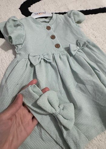 Düğmeli Gri Kız Çocuk Elbise ve Saç Bandı - Görsel 2