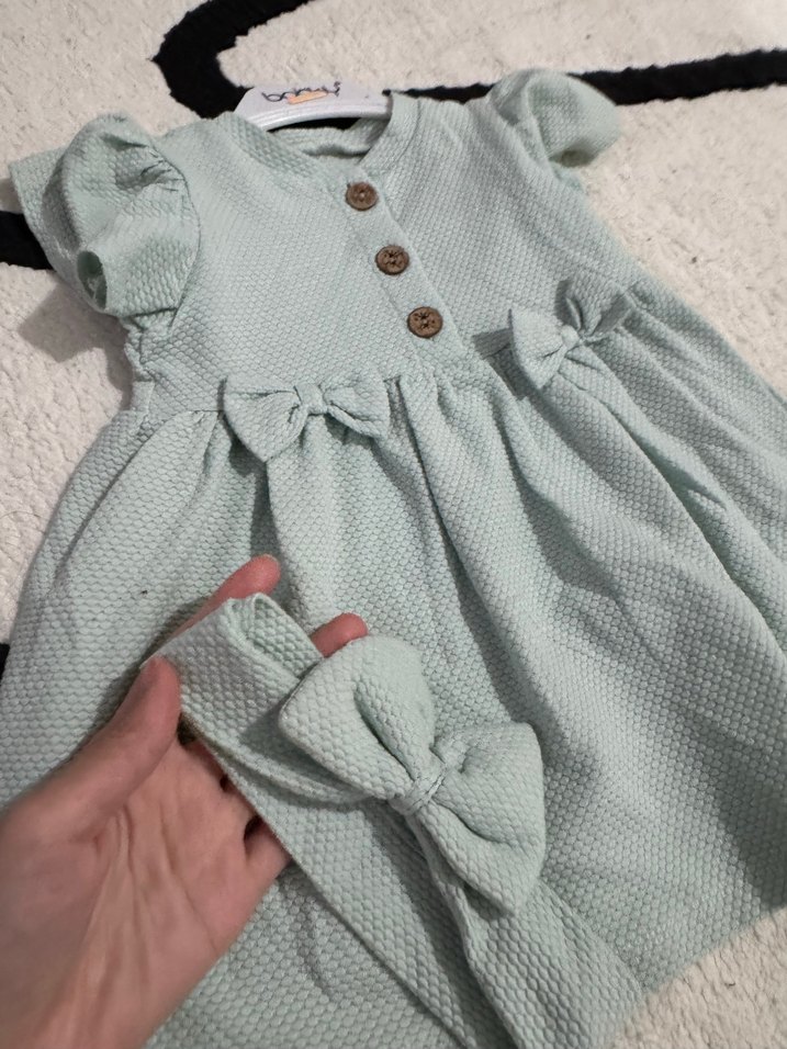 Düğmeli Gri Kız Çocuk Elbise ve Saç Bandı - Görsel 2