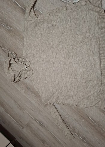 Düğmeli Kapüşonlu Gri Keten Kadın Kazak - Görsel 2