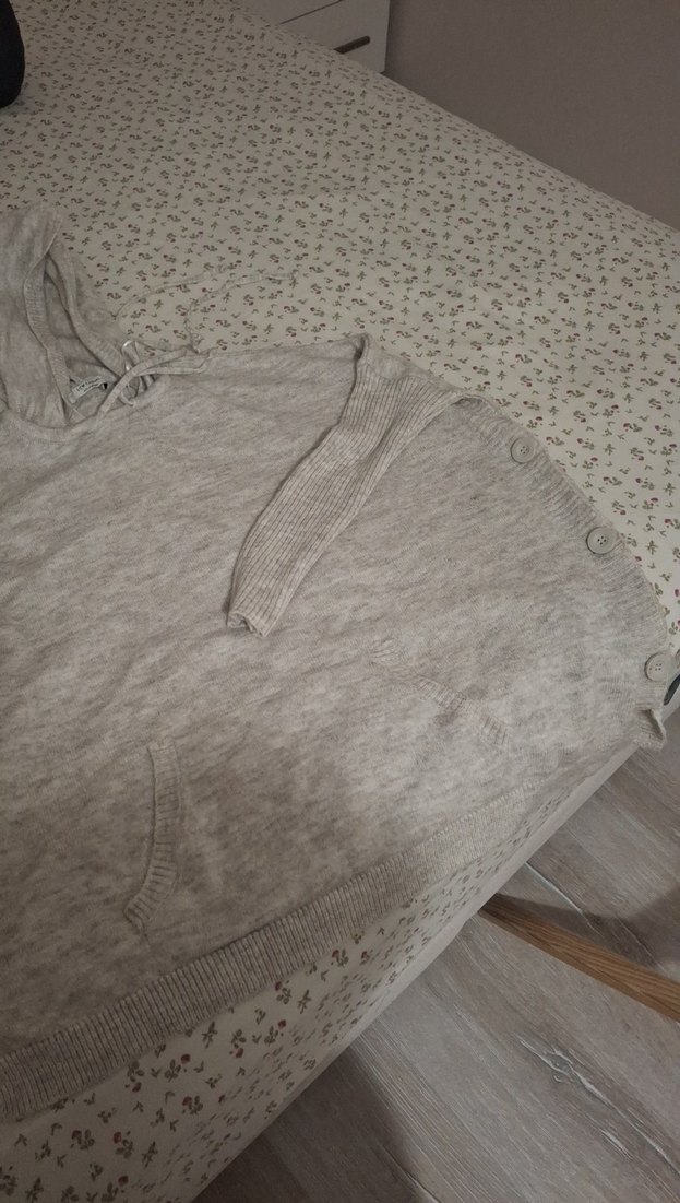 Gri Kapüşonlu Kadın Keten Kazak - Görsel 4