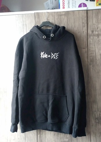 Siyah Kapüşonlu Baskılı Oversize Sweatshirt