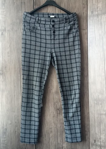 Gri Ekose Düğmeli Kadın Denim Pantolon