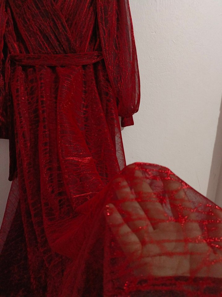 Bordo Drapeli Uzun Kollu Bohem Abiye Elbise - Görsel 3