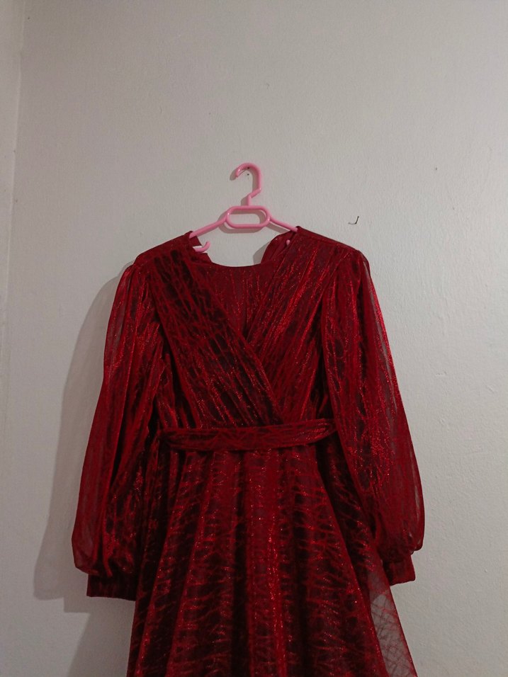 Bordo Drapeli Uzun Kollu Bohem Abiye Elbise - Görsel 2