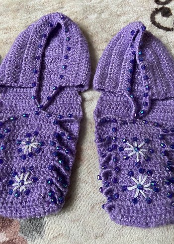 Mor Nakışlı Örgü Kadın Patik - Görsel 2