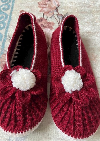 Bordo Örgü Ev Terliği, Ponponlu - Görsel 2