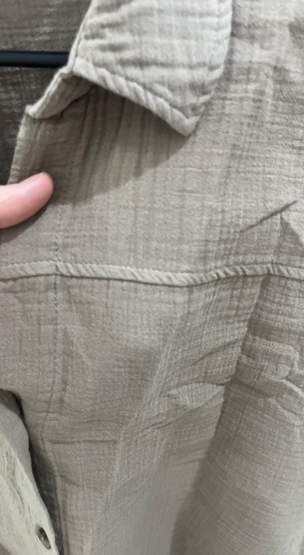 Bej Kısa Kollu Düğmeli Keten Gömlek - Görsel 3