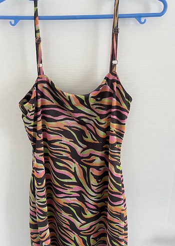 xs Beden Renkli Zebra Desenli Mini Askılı Elbise