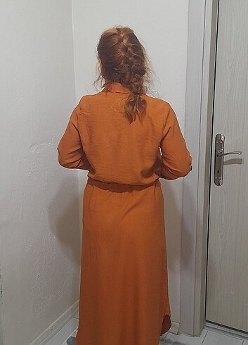 Yazlık Keten Gömlekli Uzun Kiremit Elbise  - Görsel 5