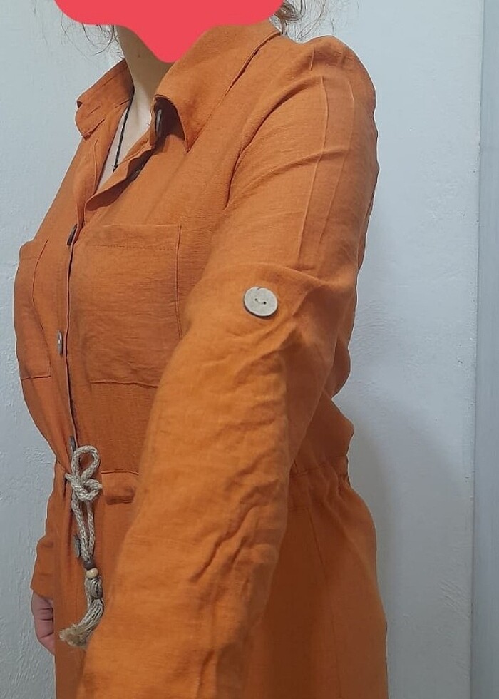 Yazlık Keten Gömlekli Uzun Kiremit Elbise  - Görsel 2