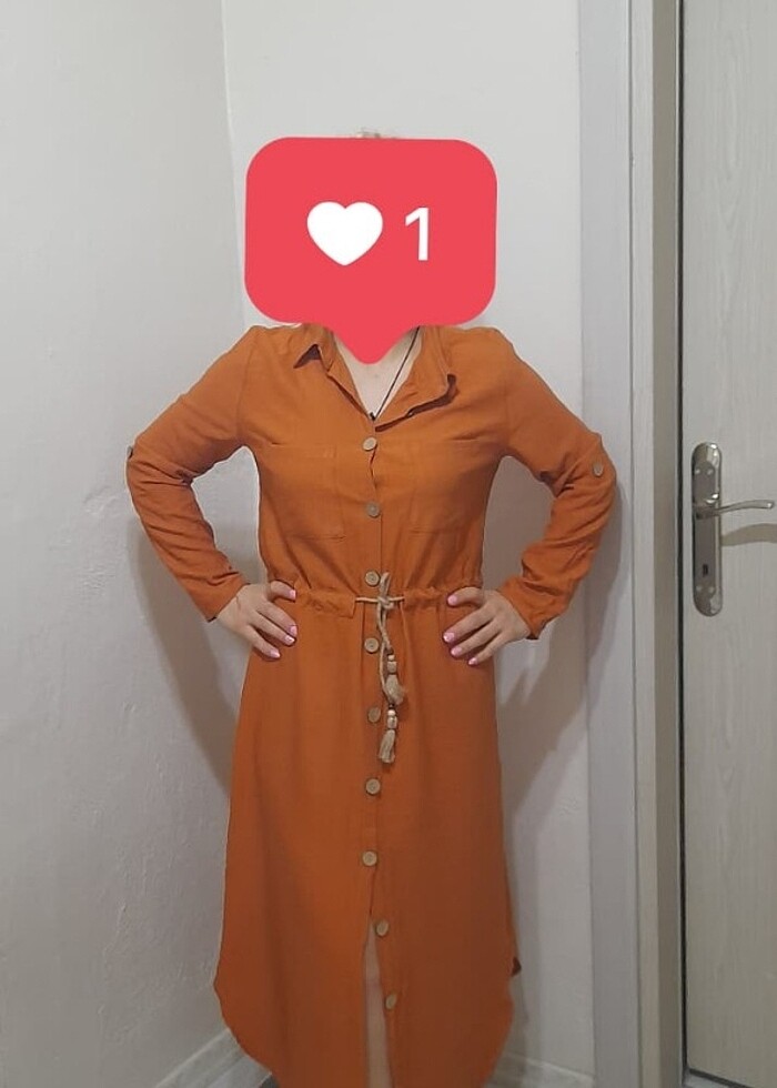 Yazlık Keten Gömlekli Uzun Kiremit Elbise  - Görsel 3