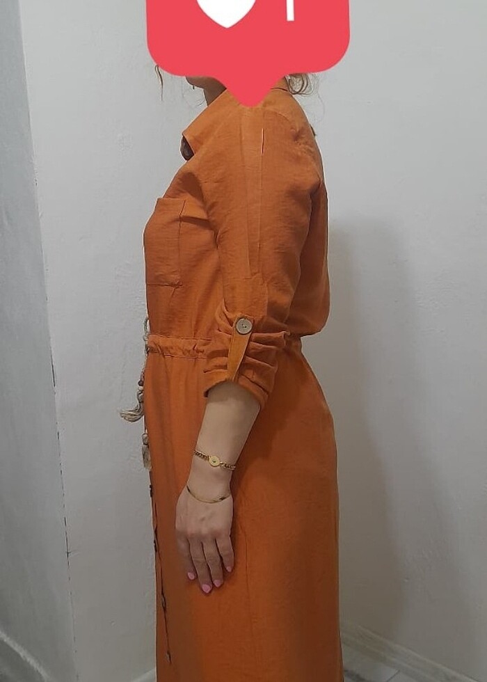 Yazlık Keten Gömlekli Uzun Kiremit Elbise  - Görsel 4