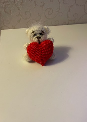 Örgü Beyaz Ayıcık Kalp Anahtarlık - Görsel 7