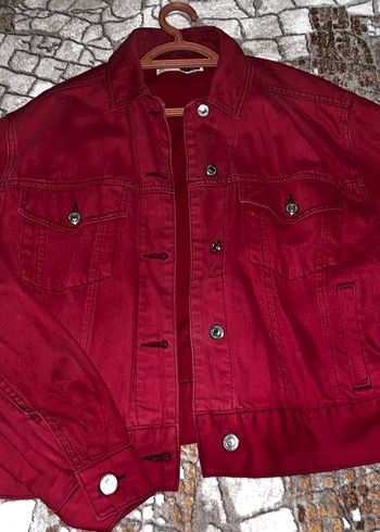 Bordo Düğmeli Kadın Denim Ceket