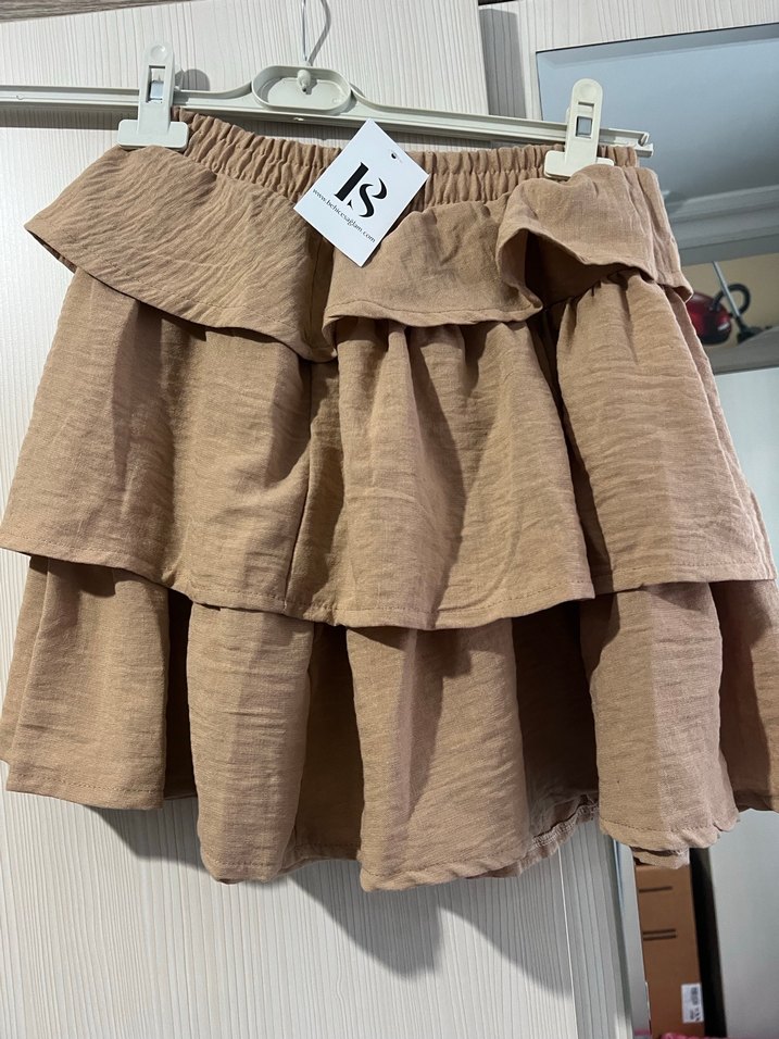 Bej Keten Mini Etek Fırfırlı Bohem - Görsel 2