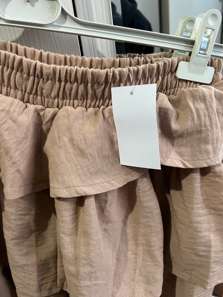 Bej Keten Mini Etek Fırfırlı Bohem - Görsel 3