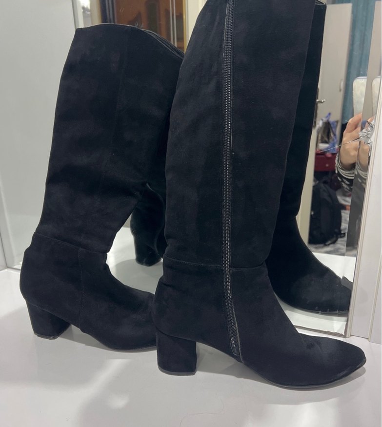 Siyah Süet Diz Üstü Kadın Çizme - Görsel 4