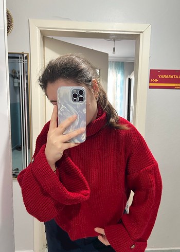 Kırmızı Boğazlı Örgü Salaş Kadın Kazak - Görsel 3