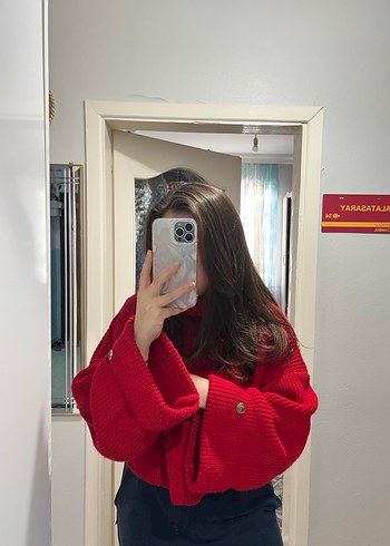 Kırmızı Boğazlı Örgü Salaş Kadın Kazak - Görsel 2