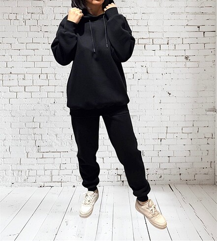 SİYAH ÜÇ İPLİK ŞARDONLU EŞOFMAN TAKIMI SWEATSHİRT JOGGER TAKIM
