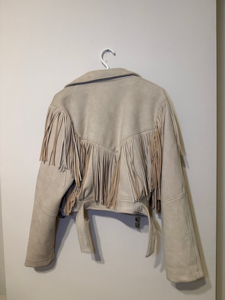 Bershka Bej Süet Püsküllü Kısa Kadın Deri Ceket - Görsel 2