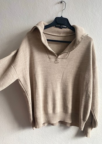 Bej Kadın Fermuarlı Salaş Triko - Görsel 3