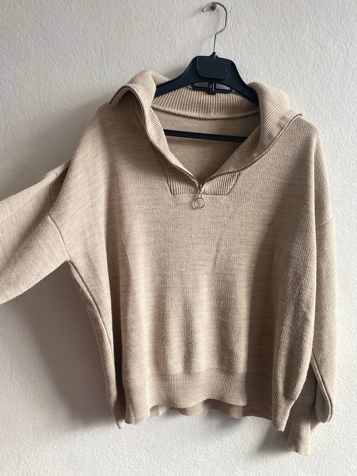 Bej Kadın Fermuarlı Salaş Triko - Görsel 3