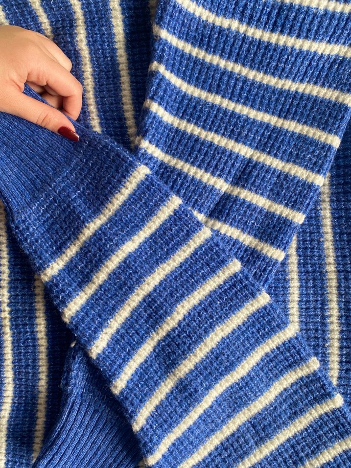Mavi Çizgili Örgü Kadın Kazak - Görsel 3