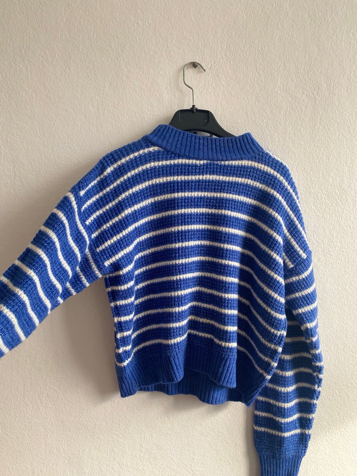 Mavi Çizgili Örgü Kadın Kazak - Görsel 2