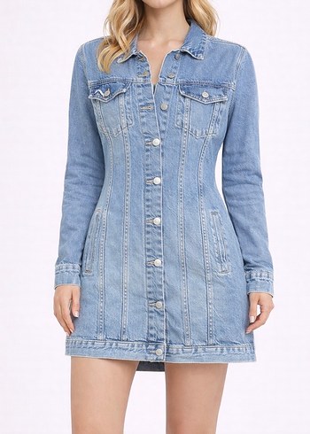 Kadın Mavi Uzun Kot Ceket - Görsel 2