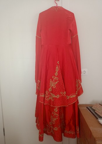 Drapeli Nakışlı Kırmızı Uzun Kadın Kına Elbisesi Bindallı - Görsel 5