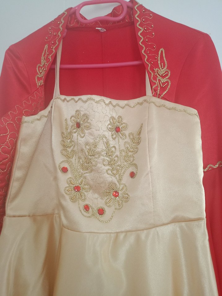 Drapeli Nakışlı Kırmızı Uzun Kadın Kına Elbisesi Bindallı - Görsel 3