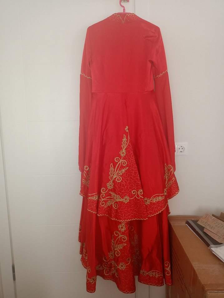 Drapeli Nakışlı Kırmızı Uzun Kadın Kına Elbisesi Bindallı - Görsel 5