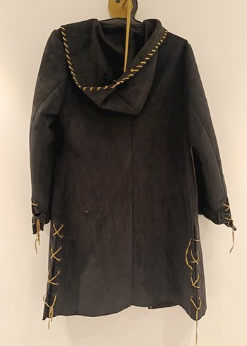 Siyah süet kendınden kapüşonlu ınce kaban - Görsel 3