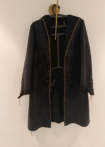 Siyah süet kendınden kapüşonlu ınce kaban - Görsel 5