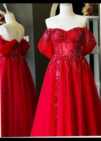 Kırmızı İşlemeli Straplez Uzun kına Abiyesi - Görsel 4