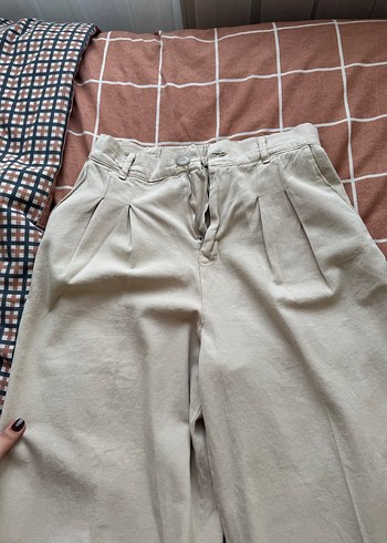 Bej Bol Kesim Kadın Keten Pantolon - Görsel 3