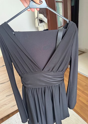 Siyah V Yaka Midi Drapeli Elbise - Görsel 2