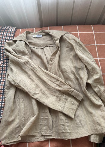 Bej Keten Düğmeli Kadın Gömlek - Görsel 2